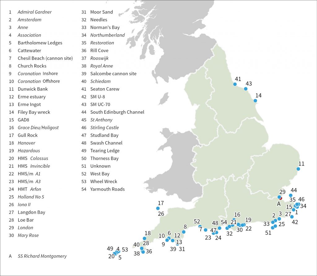Map of the UK showing the location of wrecks protected by law in England only.